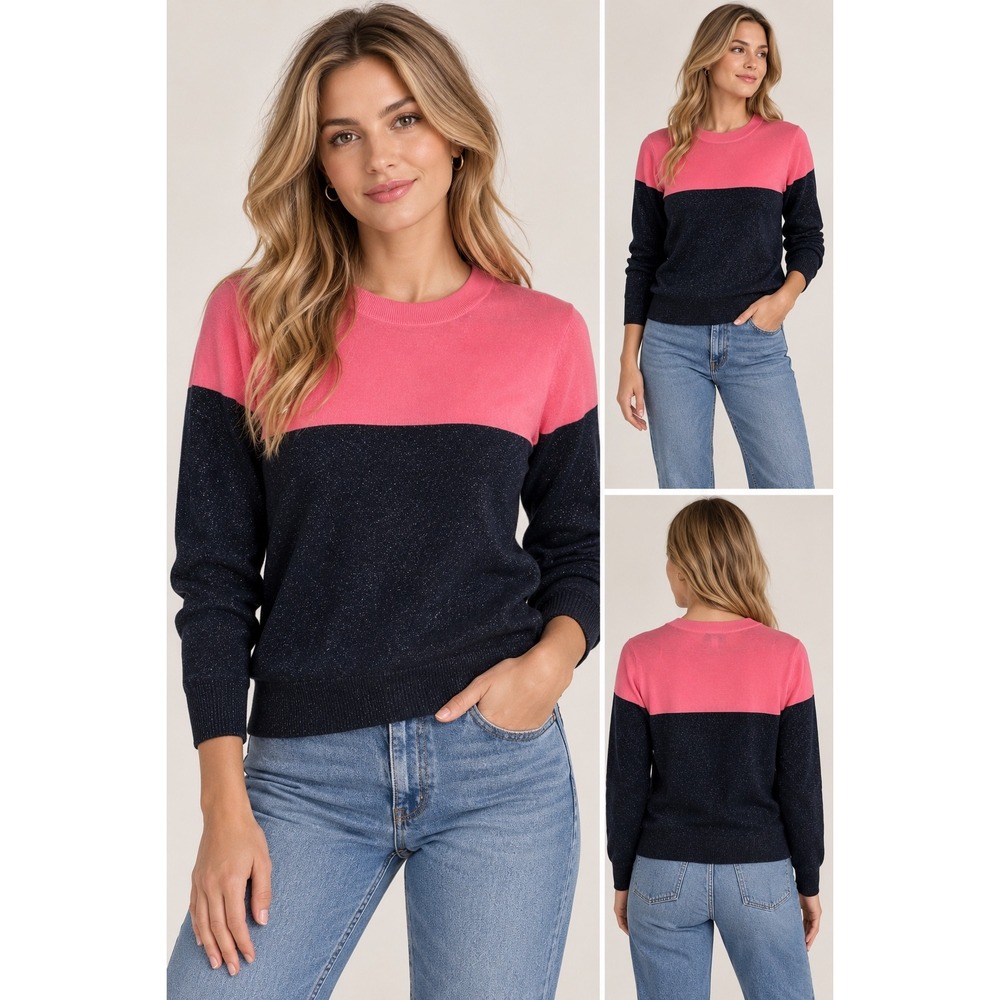 & Other Stories Paris Atelier Wool Blend Metallic Colorblock Sweater Pink Navy L